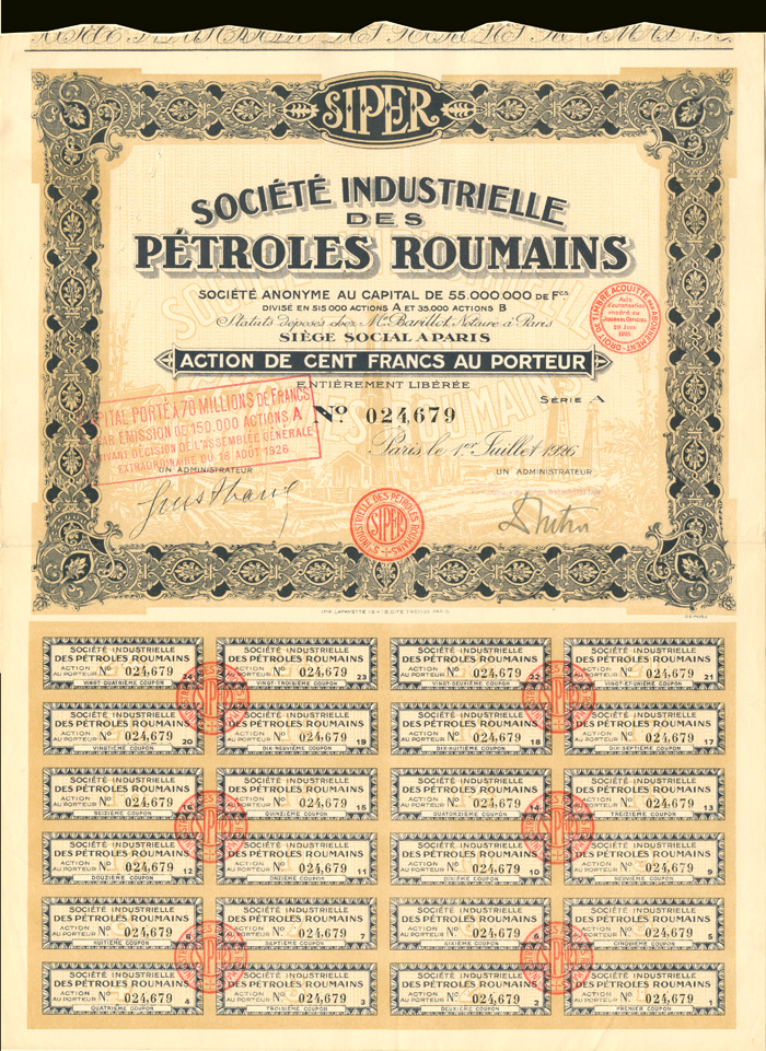 Societe Industrielle Des Petroles Roumains - Stock Certificate